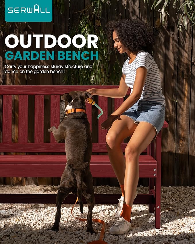 SERWALL Outdoor Bench, HDPE Outdoor Benches Weatherproof, 2-Person Garden Bench with 660 lbs Weight Capacity, Patio Benches for Outdoors, Garden, Porch, Backyard and Park, Red
