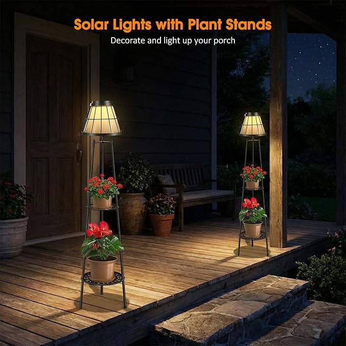 2 Pack 45.5'' Outdoor Floor Lamps with 2 Tier Plant Stand, Solar Powered Metal Waterproof Lights for Patio Deck Yard Garden Porch Decor
