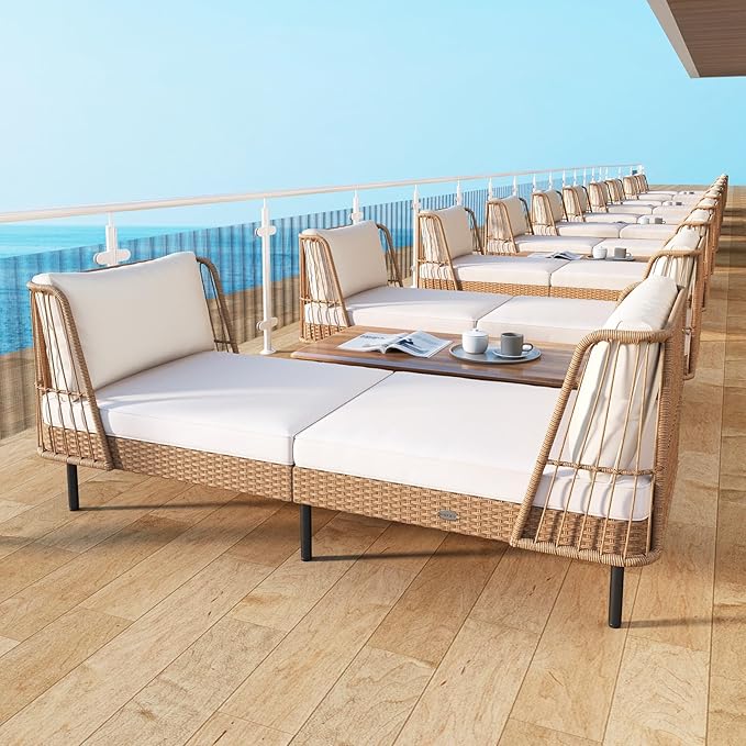 Tangkula Patio Rattan Daybed, Boho Outdoor Wicker Lounge Sofa with Seat & Back Cushions, 2-Seat Bench Sun Lounger Chair with Robust Metal Legs for Deck, Backyard, Porch, Poolside (1, Off White)