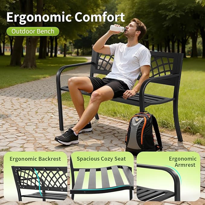 Garden Bench,Outdoor Benches,Iron Steel Frame Patio Bench with Mesh Pattern and Plastic Backrest Armrests for Lawn Yard Porch Work Entryway,Black