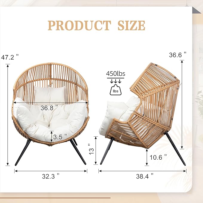 Vongrasig Wicker Egg Chair PE Rattan Chair with Cushion, Oversized Patio Lounge Chair for Outdoor, Indoor, Balcony, Backyard, Garden, Living Room, Beige