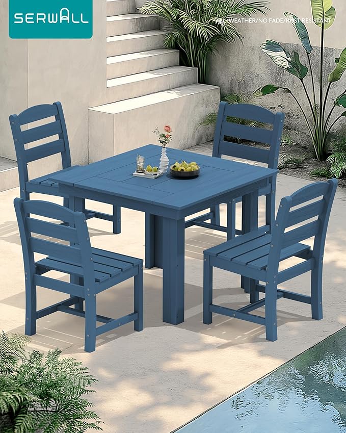 SERWALL Outdoor Dining Set for 4, HDPE Square Table and Chairs Set All Weather Patio Dining Set with 4 Armless Chairs for Patio, Blue