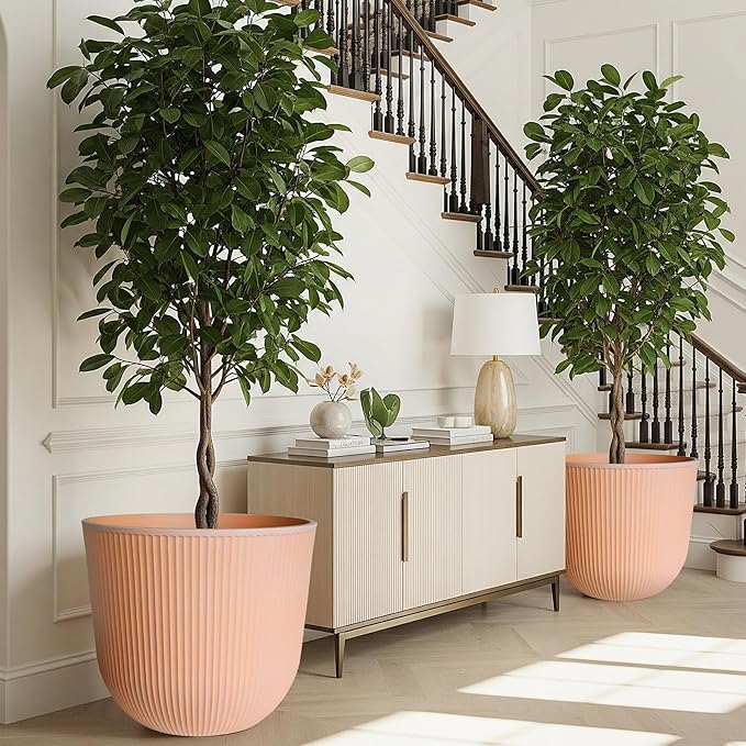 Worth Garden Round Large Planter Pot Set of 2, 17.5" Dia x 15.5" H - Durable Plastic Terracotta Plant Tree Pots with Vertical Stripe Textured Finish, Drainage Hole for Indoor Outdoor Front Porch Patio