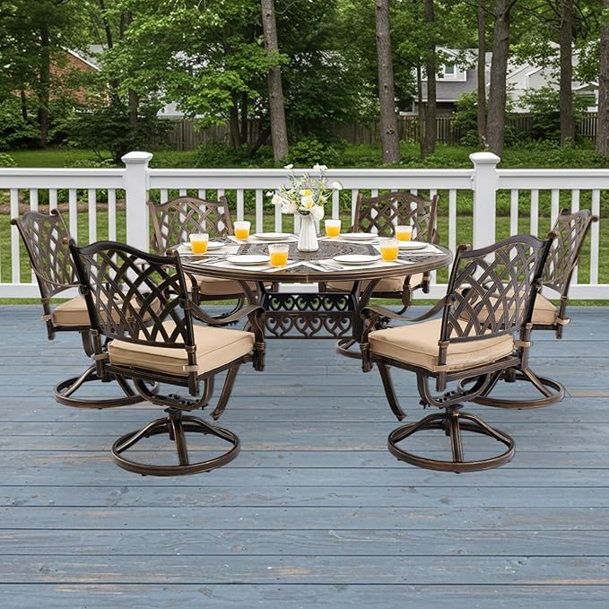 7-Piece Cast Aluminum Patio Furniture, Patio Dining Set for 6 Include 54" Round Outdoor Dining Table and 6 Swivel Chairs with Cushions & Umbrella Hole (Bronze)