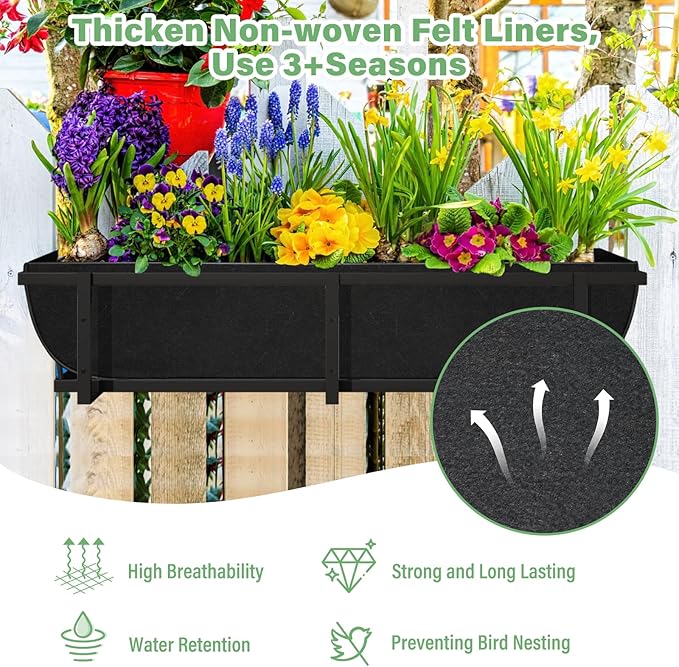 Riare 4 Pack 30 Inch Black Fabric Window Box Liners- Felt Square Trough Planter Basket Liners Replacement, Non-Woven Hanging Flower Plant Box Liner for Outdoor Plants Garden Fence- Avoid Birds Nesting