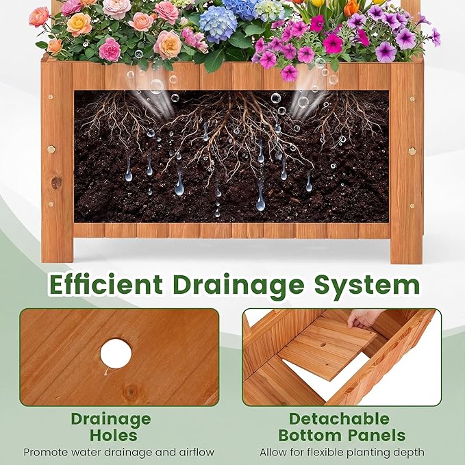 Giantex Wooden Raised Garden Bed with Arched Trellis Set 2, 48” Fir Wood Outdoor Elevated Planter Box Privacy Screen w/Drainage Hole, Vertical Garden Bed for Climbing Plants, Patio Balcony Backyard