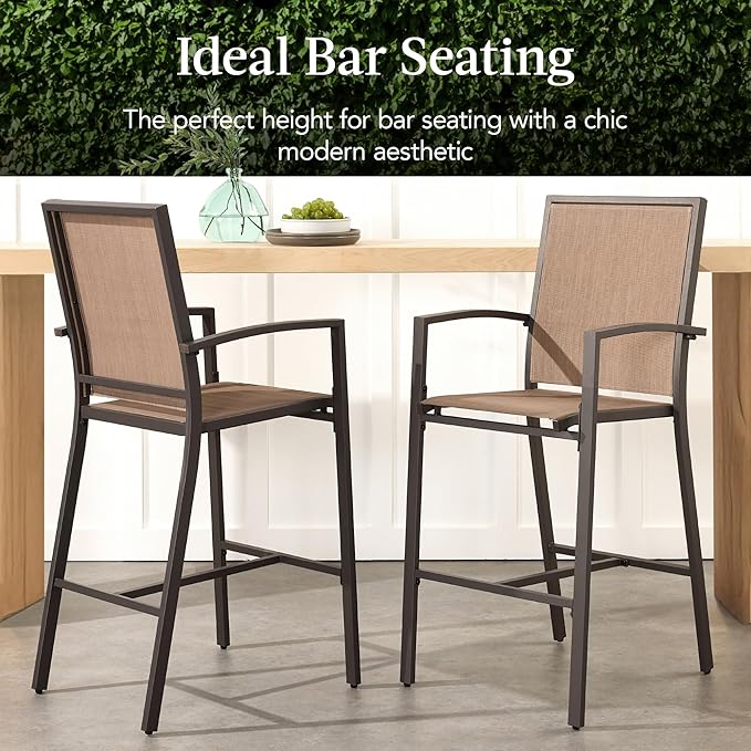 Best Choice Products Outdoor Bar Stools Set of 2, Bar Height, Patio Furniture, All Weather Mesh Design w/Armrest - Brown/Light Brown