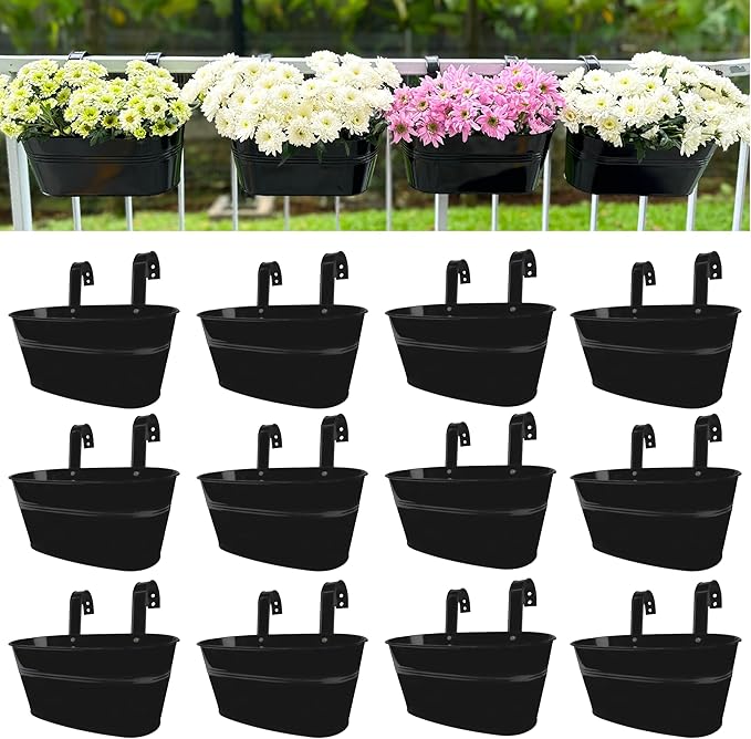 LaLaGreen Rail Planter Outdoor Plants(11.8 Inch, 12 Pack) Black Metal Iron Hanging Flower Pots Deck Railings Fence Buckets Modern Countryside Boho Style Wall Mount Window Box Plant Holder Porch Decor