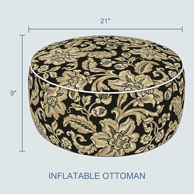 LVTXIII Indoor/Outdoor Inflatable Ottoman with Handle D21 x H9 Inch, Weather-Resistant Round Footstool Pouf for Patio Camping Living Room, Portable Footrest Extra Seating, Jacobean Black