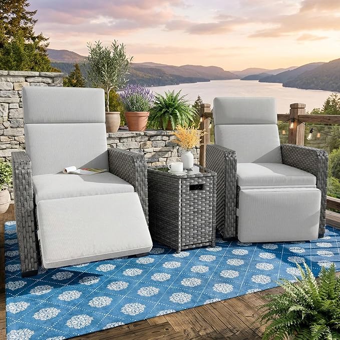 WACASA 3-Pieces Outdoor Recliners with Independent Dual-Control – 150° Lay-Flat Wicker Patio Armchair with Air Pump, Flip-Up Side Table, Extended Footrest & 5" Thick Fade-Resistant Olefin Cushions