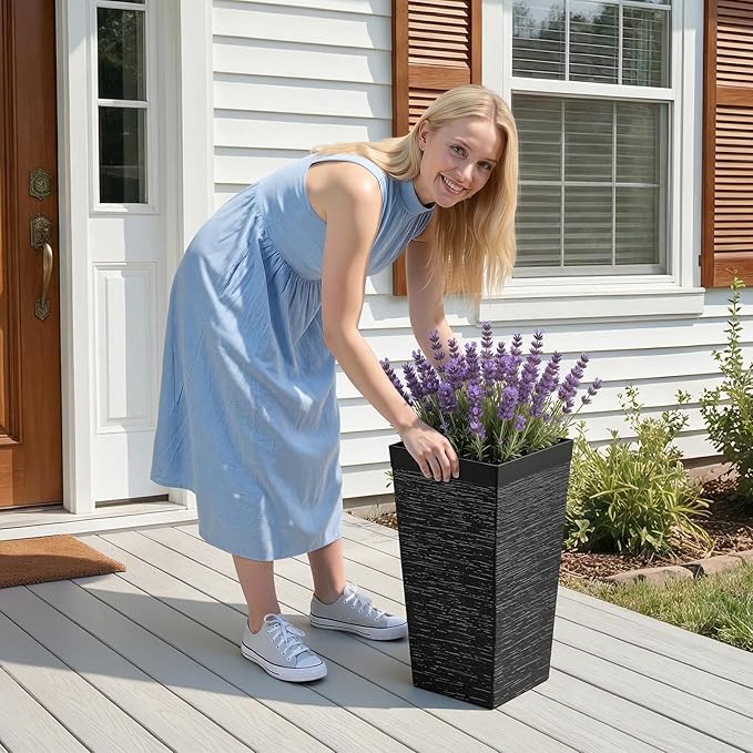 VEVOR Set of 2 Tall Planters for Outdoor Plants 23 inch, Black Tall Planter for Indoor Plants, Modern Planters for Front Porch Patio Balcony, Plant Container Flower Pots with Built-in Drainage