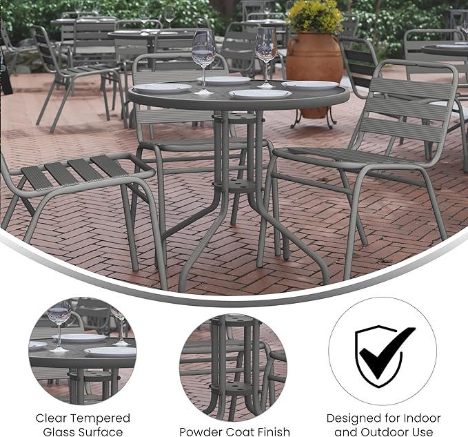 Flash Furniture Bellamy 31.5'' Round Indoor/Outdoor Tempered Glass Metal Frame Side Table, Silver