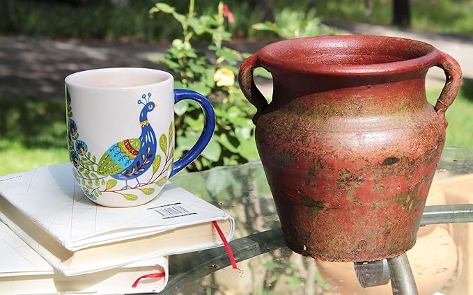 Egyptian Era Designed Earthen Ware Terra-Cotta Vessel/Planter with Looped Handles (Flared Lip Distressed Red Earth)