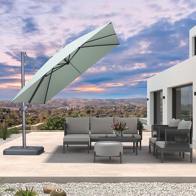 PURPLE LEAF Patio Umbrella 10' X 10' Rectangle Cantilever Umbrella Large Aluminum Outdoor Umbrellas with 360-degree Rotation & UPF40+ Premium Fabric for Deck Pool Garden Yard, Mint Green