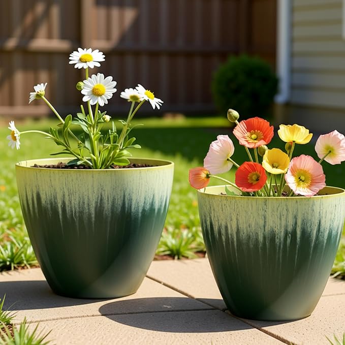 Pack of 2 Flower Pots, Plastic Plant Pots with Drainage Holes, 8 inch Modern Glossy Finishing Planter for Indoor Outdoor Plants (Green Glaze, 2 Pack)