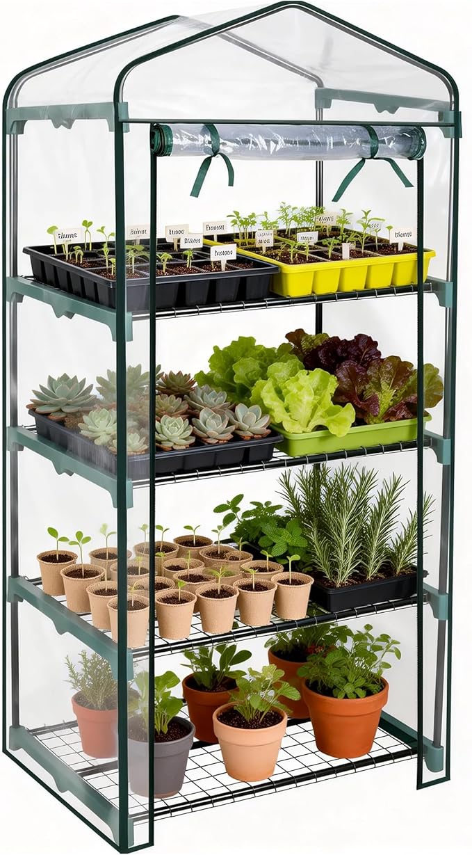Worth Garden 4 Tier Mini Greenhouse - 63'' H x 27'' L x 19'' W - Sturdy Portable Gardening Shelves with PVC Cover - Small Green House Use in Indoor & Outdoor for Plants Flowers