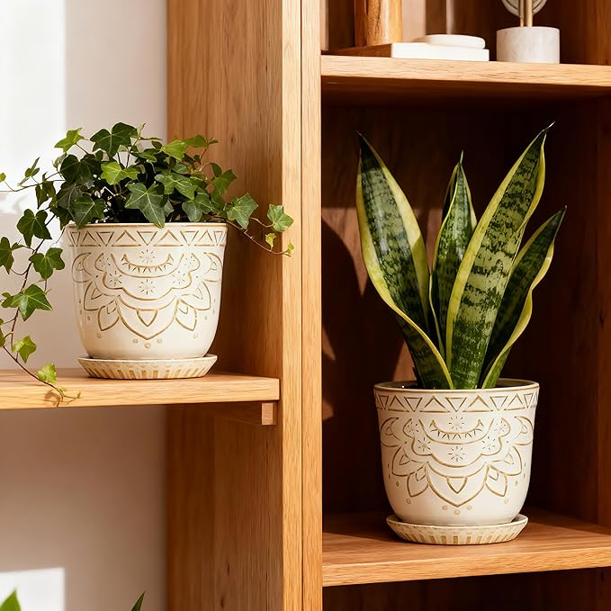 Gepege Beaded Ceramic Planter 6 Inch Set of 2 with Drainage Hole and Saucer for Plants, Indoor-Outdoor Large Round Succulent Orchid Flower Pot (Cream White, Inner-pots not Larger Than 5 Inch)