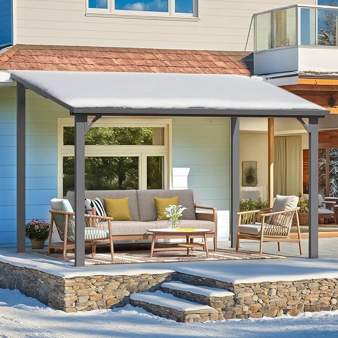 AECOJOY 12' x 8' Outdoor Hardtop Gazebo Pergola for Patio, Large 8x12 Galvanized Steel Heavy Duty Lean to Wall-Mounted Pergolas and Gazebos Clearance, Metal Patio Roof Awnings for Backyards, Decks