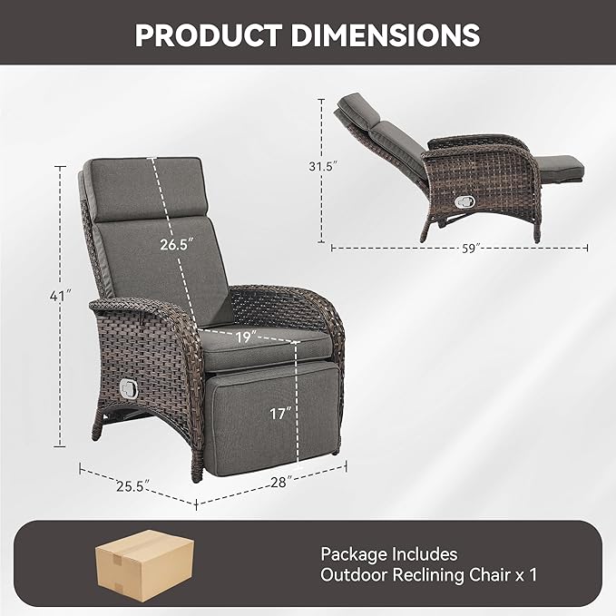 Zero Gravity Wicker Patio Recliner Chairs Set of 2 - Wicker Outdoor Lounge Chair with Adjustable Backrest & Footrest, All Weather Outdoor Reclining Chairs with Thick Cushion for Pool Deck Grey
