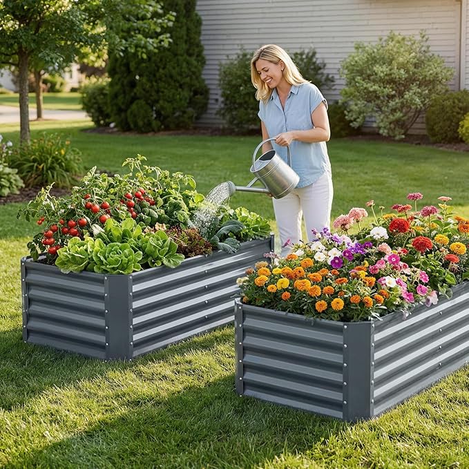 ZORMY 4×2×1.4ft Galvanized Raised Garden Bed Kit, Metal Planter Boxes Outdoor, High Raised Beds for Vegetables, Fruits, and Flowers - IronGrey