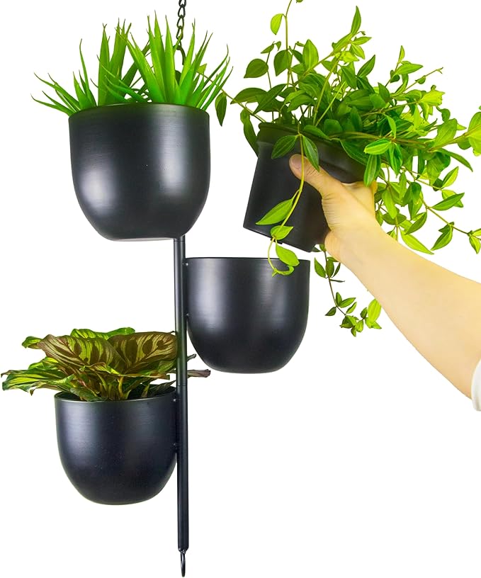 3 Tier Hanging Planters for Indoor & Outdoor, Stackable Black Metal Plant Hanger with 6 Inch Flower Pots, Oval Wall & Ceiling Plant Holder for Modern Home Decor, Balcony, Window, Patio (No Plants)