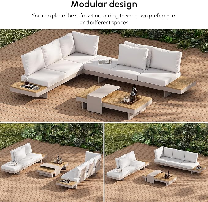 homary 6 Piece Aluminum & Teak Outdoor Sofa Set, Patio Sofa Seat L-Shaped Outdoor Sectional Sofa Set with Adjustable Backrests/Waterproof/Fade Resistant Cushions Ideal for Patios/Balconies,Light Gray