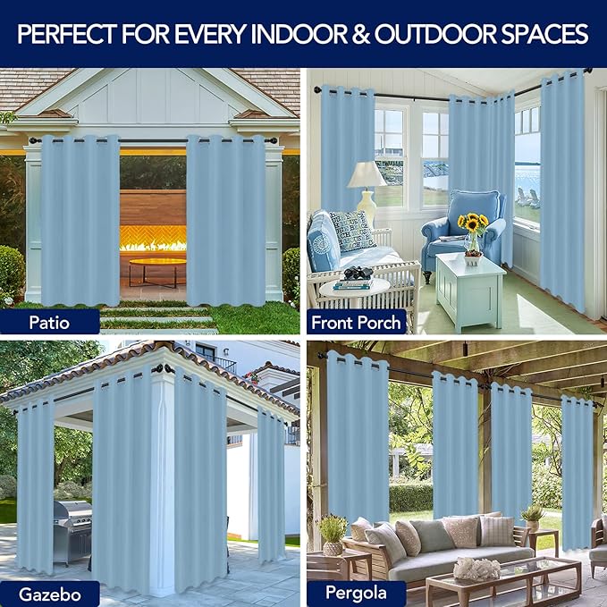 PureFit Outdoor Curtains for Patio Waterproof Weatherproof, UV Resistant Outside Curtains for Gazebo, Front Porch, Pergola, Sun Blocking Privacy Curtain, 52W x 84L inch, 1 Panel, Sky Blue