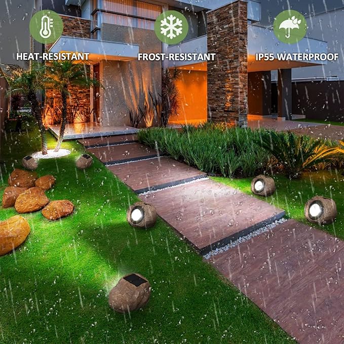 2 Pack Solar Rock Lights Outdoor, Angle Adjustable Solar Lights Outdoor Waterproof, LED Solar Garden Lights, Auto On/Off Landscape Lighting for Yard Pathway Patio Flower Bed - White Glow (Stone Brown)