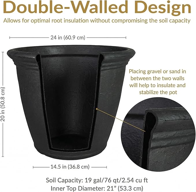 Sunnydaze 24-Inch Anjelica Large Plastic Pot for Plants - Outdoor Double-Walled Large Plastic Planter with Drillable Drainage Holes - Matte Black - 2pk
