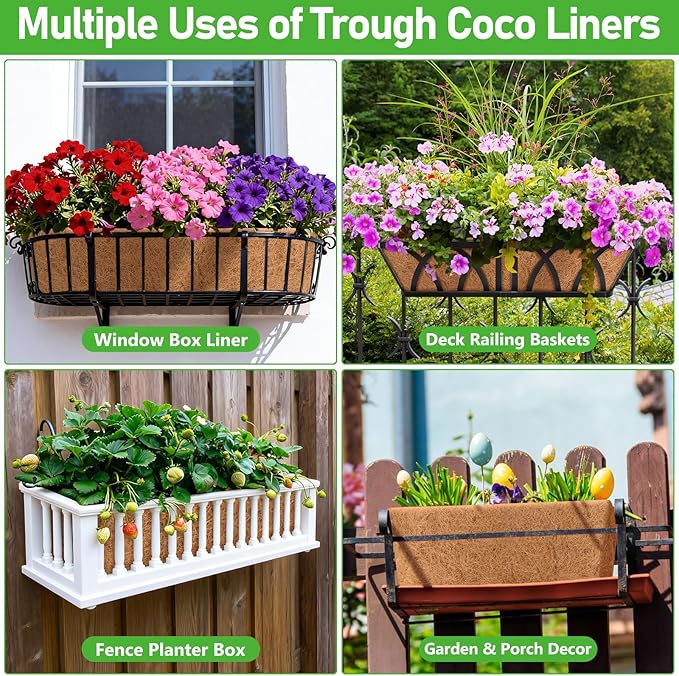 Riare 2 Pack 24 Inch Rectangle Coconut Liners for Planters, Natural Coconut Fiber Planter Liners, Window Box Liner Trough Coco Liner for Outdoor Flower, Garden Wall, Deck & Fence Planter Boxes
