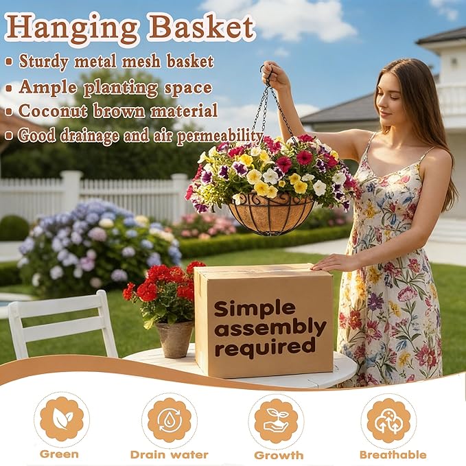 12 inch Metal Hanging Baskets For Plants Outdoor 4 Pack Round Metal Wire Hanging Basket Planter with Coco Fiber Liners Chain Round Wire Plant Holder for Garden, Patio, Deck, Porch Plants Flower Potss