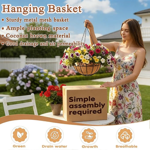 10 inch Metal Hanging Baskets For Plants Outdoor 4 Pack Round Metal Wire Hanging Basket Planter with Coco Fiber Liners Chain Round Wire Plant Holder for Garden, Patio, Deck, Porch Plants Flower Potsss