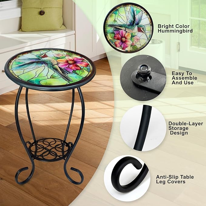 LIFFY Patio Side Table, 14" Round Mosaic Outdoor Table with Glass Hummingbird Tabletop, 21" Height 2-Tier Indoor Small Decorative Plant Stand & Accent Table with Metal Frame for Garden, Yard, Home