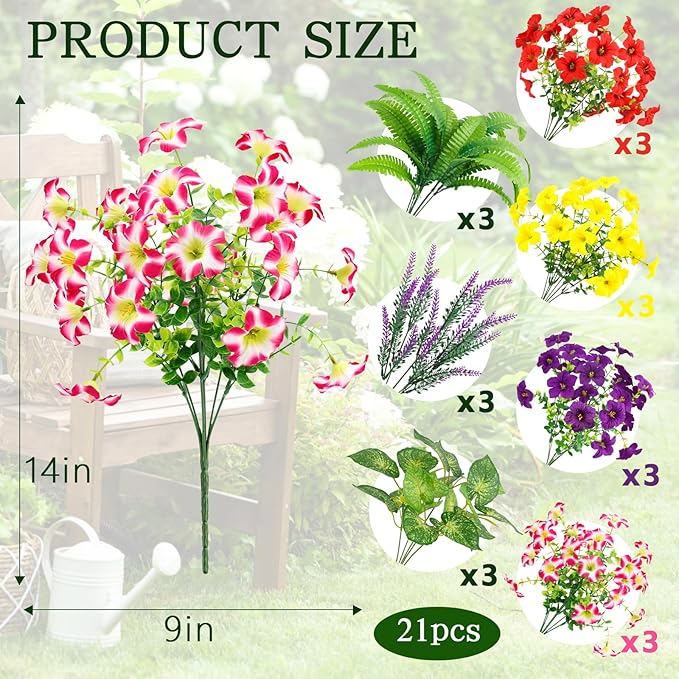 HOHOTIME 21 Bundles Artificial Flowers for Outdoors, No Fade Fake Plastic Flowers Faux Plants, Eucalyptus Morning Glory for Hanging Planters Garden Porch Window Box Home Wedding Farmhouse