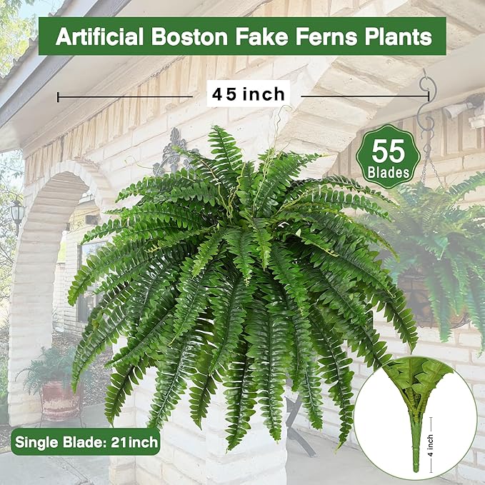 Artificial Boston Fern Bush- Set of 2 Large Artificial Ferns for Outdoors, 45Inch Large Faux Ferns, Suitable for Office & Living Room Decor, 55Branches for Each Bouquet