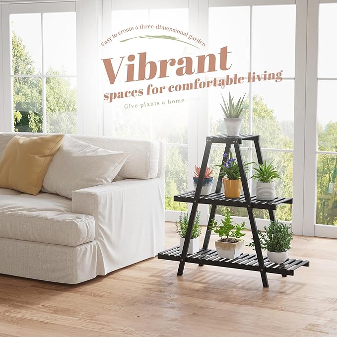 Plant Stand For Indoor Outdoor Tiered Plant Shelf 3 Tier 8 Potted Bamboo Flower Holder Ladder Rack For Multiple Triangle Table Plant Pot Stand (Black)