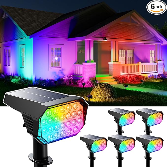 6 Pack Color Changing Solar Powered Outdoor Spot Lights Outside Landscape Waterproof 24 LED Spotlights Dusk to Dawn for Christmas Decorations,Tree, Snowman, Elk Statues, 8 Colorful for Accent Lighting