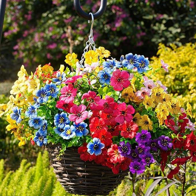 Artificial Flowers for Outdoor, UV Resistant Fake Silk Flowers, Realistic Faux Plants for Outside Indoor Porch Patio Window Box Planter Home Decor (20, Yellow Purple Rosy Red Blue)