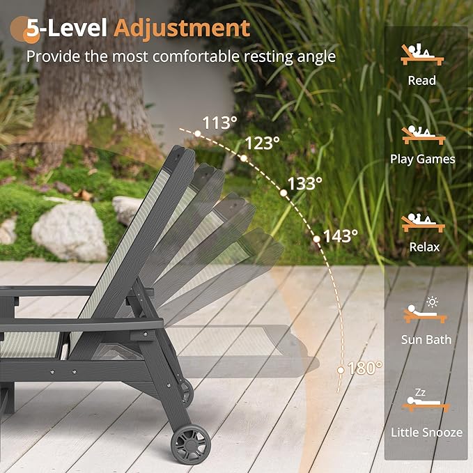 LUE BONA Chaise Lounge Chair Outdoor Set of 4, HDPS and HDPE Wicker Material, Patio Lounge Chair with Adjustable Backrest, Resin Pool Lounge Chairs with Wheels for Backyard, Poolside and Deck