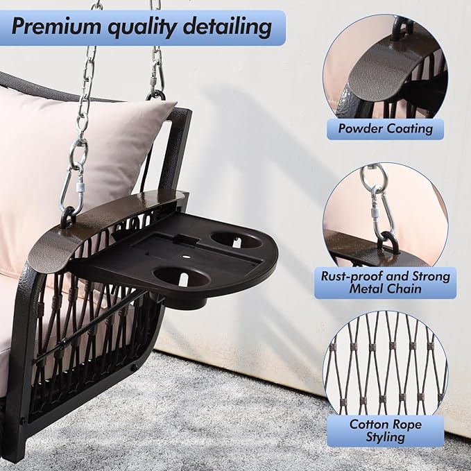 Wicker Porch Swing Heavy Duty 900 LBS 3-Seat Outdoor Patio Swing Chair with Cushions & 8.9ft Chains Outdoor Hanging Bench with Upgraded Cup Holders for Garden Deck Backyard