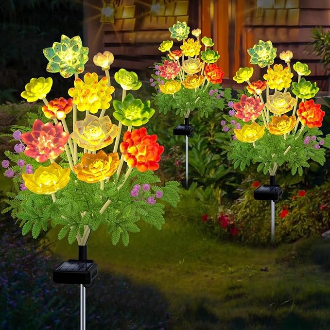 Solar Garden Lights Outdoor, 2 Pack Upgraded Succulent Solar Flowers Outside Waterproof, Gardening Gifts for Women Mother, Decorative Solar Powered Lights Yard Decor for Lawn Backyard Patio Pathway