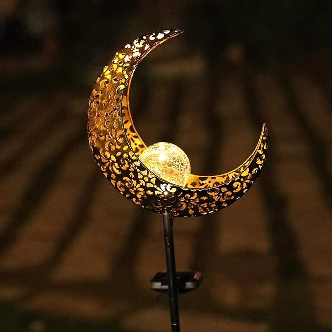 Solar Garden Light Outdoor Decorative, Moon Decor Crackle Glass Globe Garden Stake Metal Lights，Waterproof Warm White LED for Pathway, Lawn, Patio, Yard Ornaments for Outside