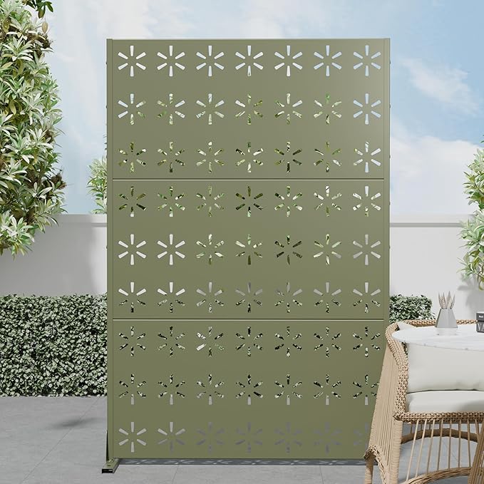 Casaphoria Metal Privacy Screen Outdoor, 72" H x 47" W Freestanding Decorative Privacy Screen for Patio Deck Balcony Garden with Stable Base, Light Green-Star