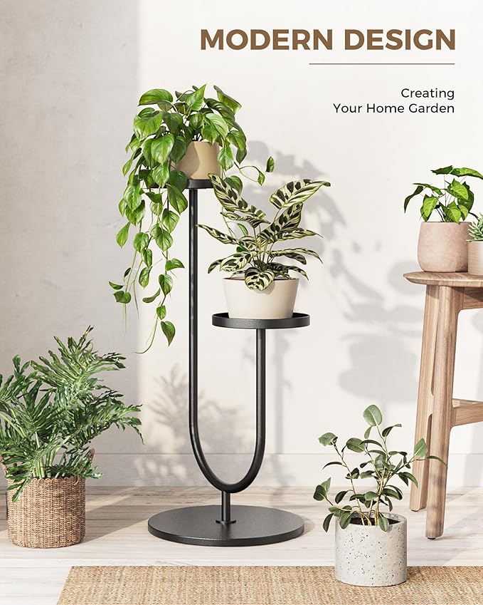 Bamworld Outdoor Plant Stand Metal Plant Stand Indoor Corner Plant Stands 2 Tier Plant Shelf for Tall Plant Holder Black Plant Shelves for Living Room Bedroom Midcentury Modern Home Decor