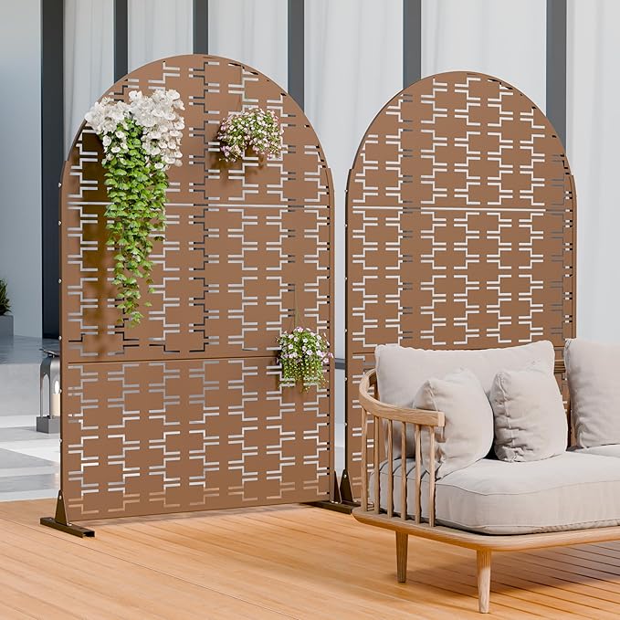Casaphoria Metal Arched Privacy Screen Outdoor, 72" H x 47" W Freestanding Decorative Privacy Screen for Patio Deck Balcony Garden with Stable Base, Brown-Brick