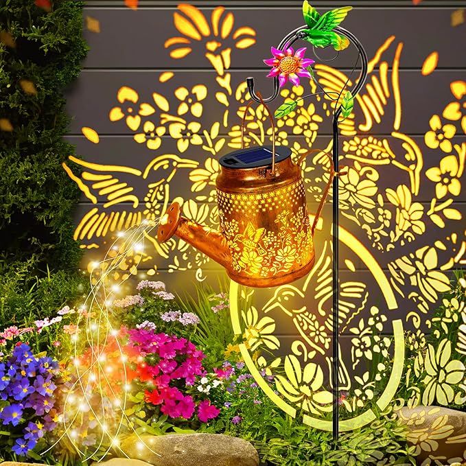 Solar Powered Hummingbird with Flowers Watering Can Lights Waterproof Outdoor Garden Decor with Shepherd Hook, Hanging Lights for Yard, Porch, Backyard Perfect Christmas Gift for Women, Mom, Grandma