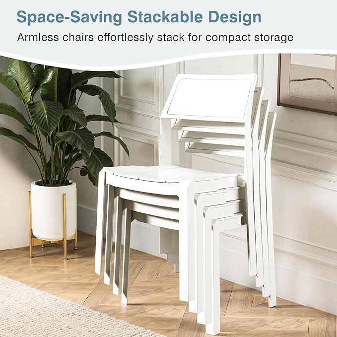 VECELO 4 Pack Stackable Dining Chairs, Plastic Patio Chairs for Indoor Outdoor Use in Kitchen, Poolside, No Assembly, Matte White