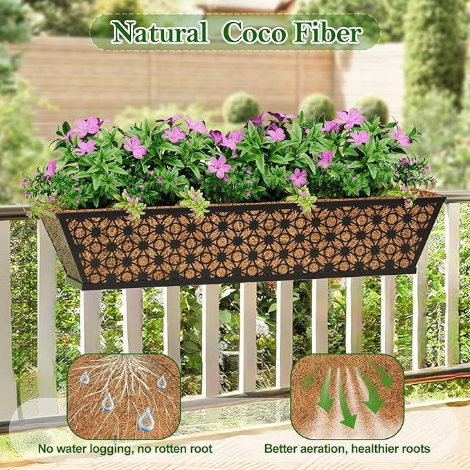 SPECILITE 30" Window Boxes Planters, Heavy Duty Metal Railing Planter Boxes, Adjustable Balcony Planters for Railing Hanging, with Coco Liner & Tool Set for Deck, Porch, and Patio Gardening (6 Pack)