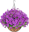 Artificial Hanging Flower for Outdoors, Fake Hanging Basket for Outside,1 Hanging Basket with 13 Pcs Faux Silk Flowers for Porch, Balcony and Patio Decor(Purple)