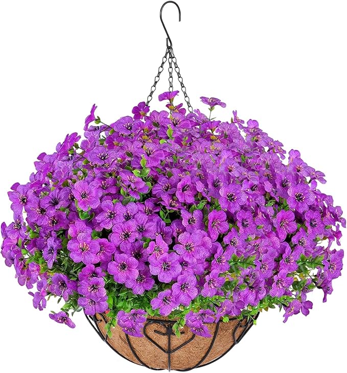 Artificial Hanging Flower for Outdoors, Fake Hanging Basket for Outside,1 Hanging Basket with 13 Pcs Faux Silk Flowers for Porch, Balcony and Patio Decor(Purple)